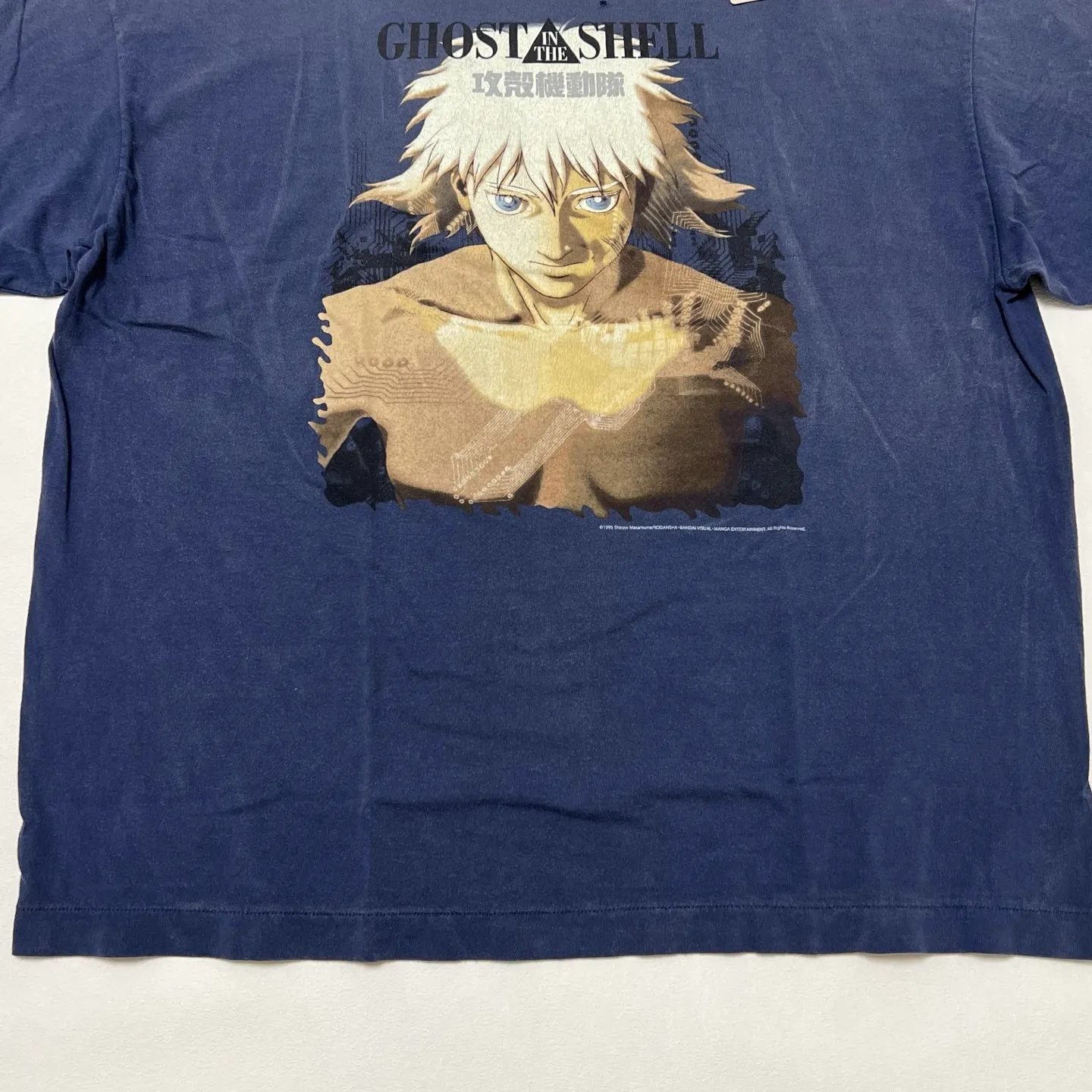 SAINT Mxxxxxx × Ghost in the Shell GS_SS TEE/GST IN THE SHELL/NVY Ghost in the Shell co-branded distressed short-sleeves White-haired plain character TEE Washed blue S-XL Look for the cylindrical fabric with no side seams. The open width is almost meaningless Asut ready-made garments dyed The whole piece is sprayed with horsetail. The collar and cuffs are faded. The collar and cuffs are frayed. Many hangings are worn. The oversized printing position restores the authenticity level. Customized joint main mark/wash mark/with little angel anti-counterfeiting mark